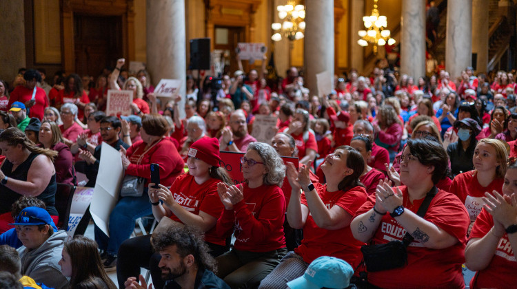 Hundreds of educators and their supporters filled parts of the multiple floors in the building for Indiana State Teachers Association’s Day of Action on Monday, April 14, 2025. - Zach Bundy / WFYI